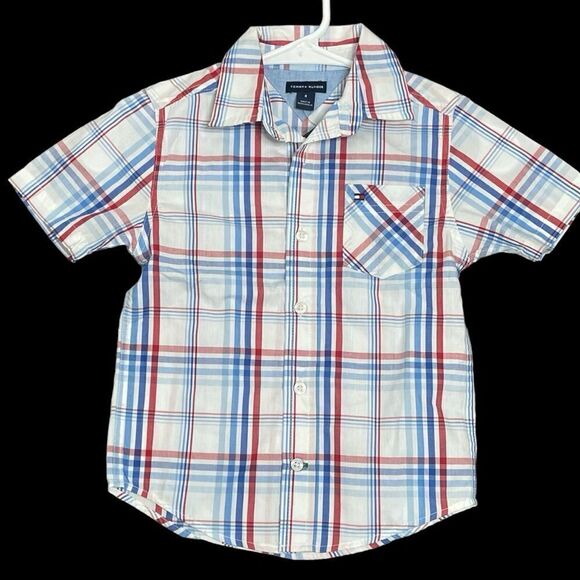 NWT! TOMMY HILFIGER Button Up Red White Blue Kids Boys Size 4 New School preppy - Picture 1 of 7